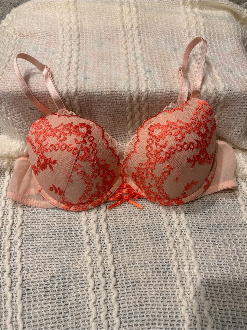 Adore Me Sydnie Push Up Pink Bra with Coral Lace Embroidery 36B